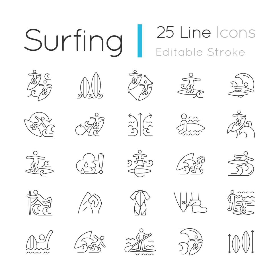 lineare Symbole zum Surfen gesetzt. Freizeitgestaltung. Wellen fangen und Tricks lernen. Surfzone. anpassbare Kontursymbole für dünne Linien. isolierte Vektor-Umriss-Illustrationen. bearbeitbarer Strich vektor