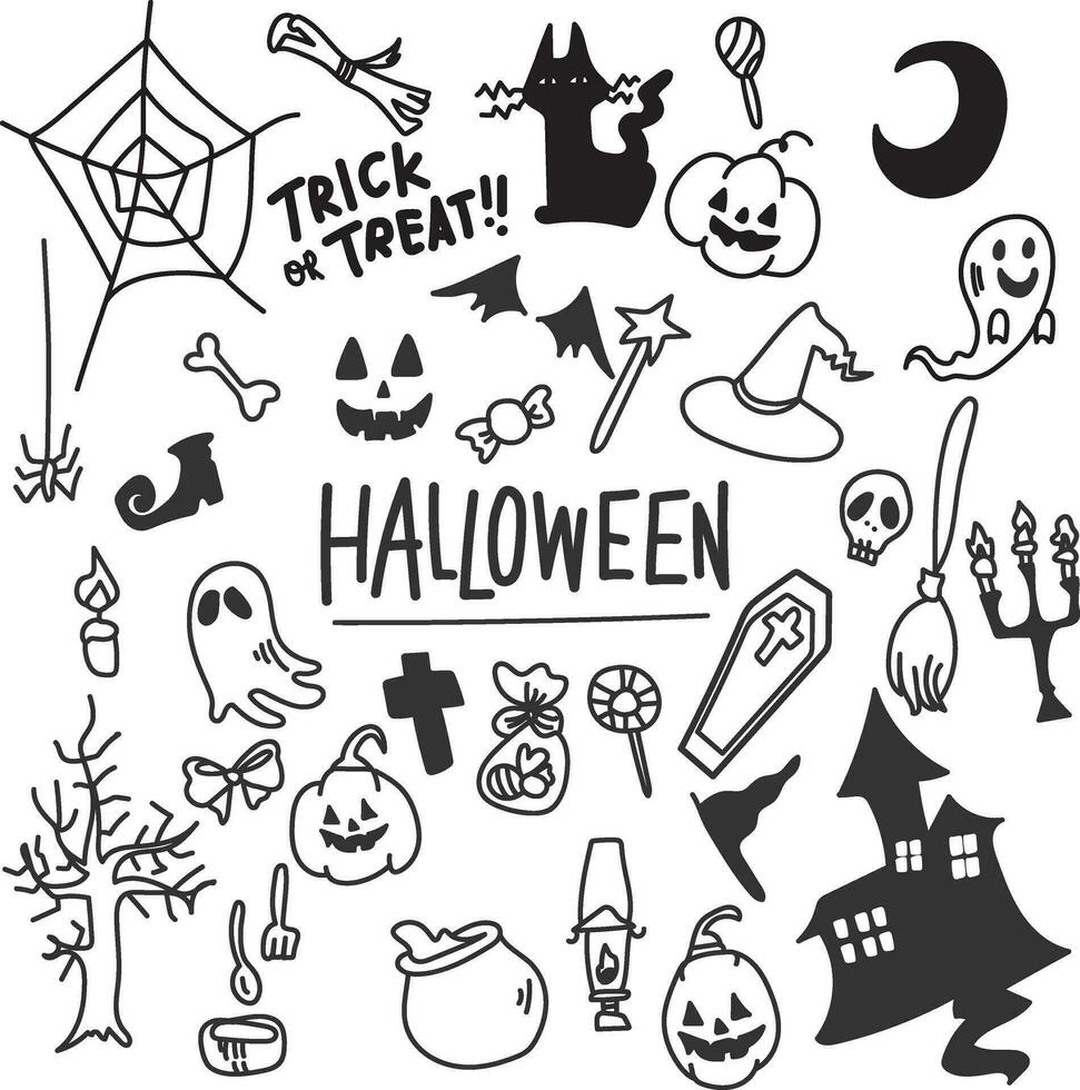 Halloween, Illustration, Vektor, Oktober, Urlaub, Kunst, Karikatur, Grusel, Zeichnung, Hintergrund, Party, Grafik, Schwarz, Design, Gekritzel, Umriss, skizzieren, Linie vektor