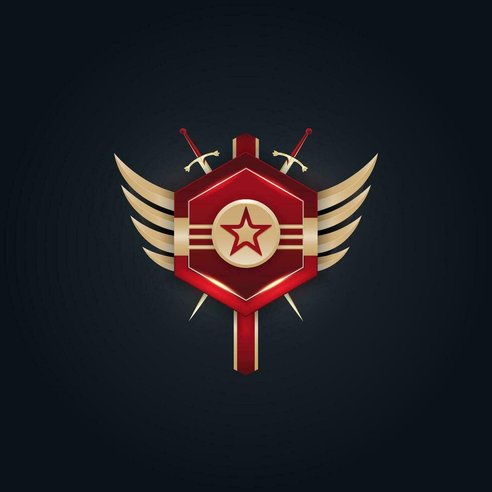 guld och röd sexhörning med svärd logotyp design vektor