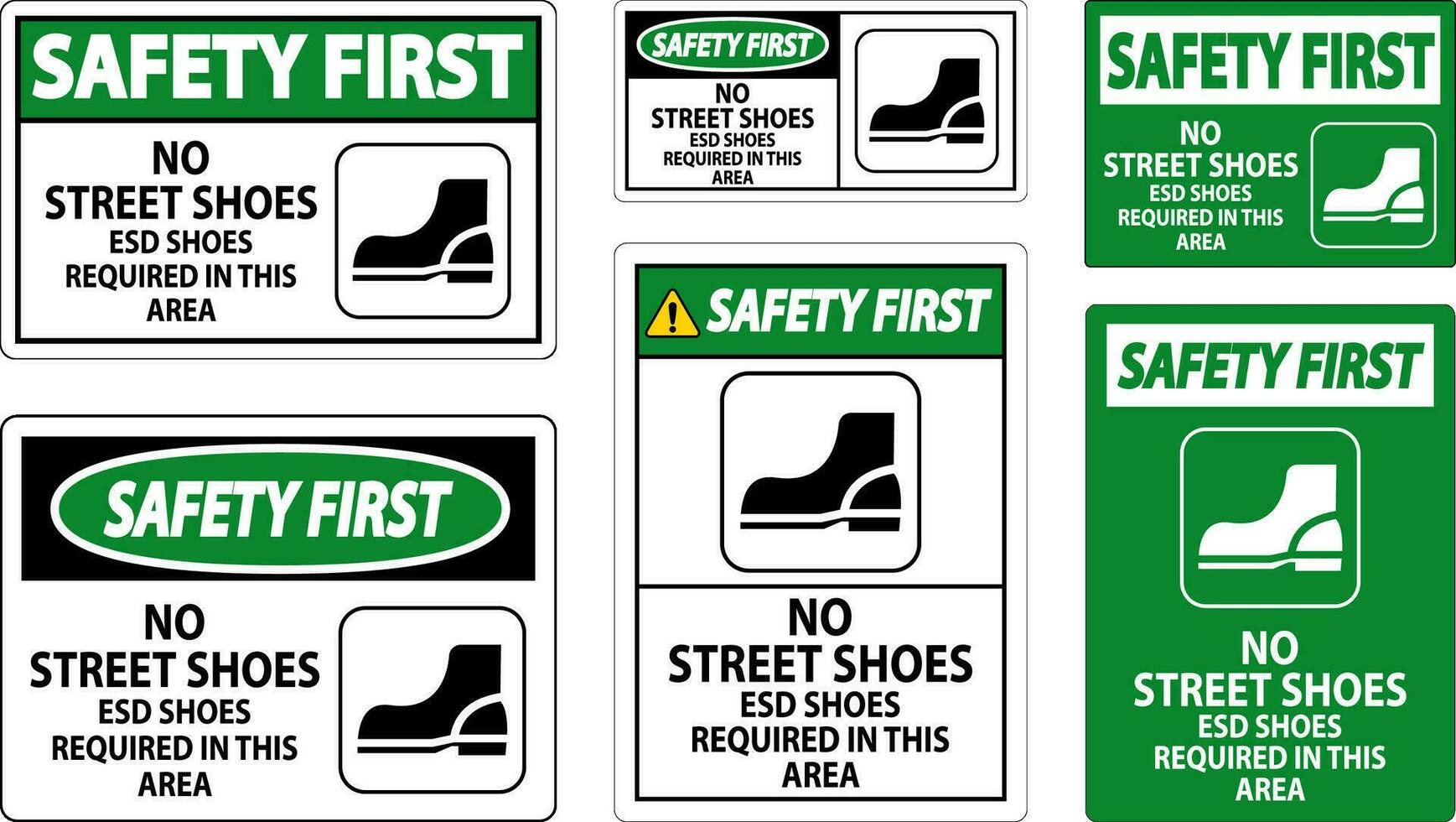 Sicherheit zuerst Zeichen Nein Straße Schuhe, esd Schuhe erforderlich im diese Bereich vektor