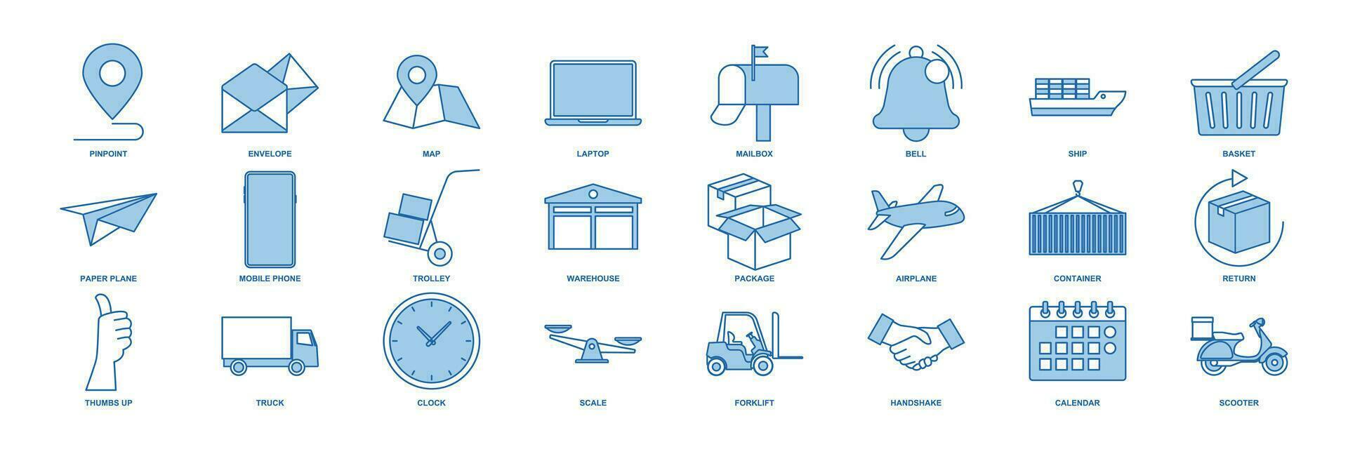 leverans ikon uppsättning, inkluderad ikoner som lastbil, skoter, lager, kuvert och Mer symboler samling, logotyp isolerat vektor illustration