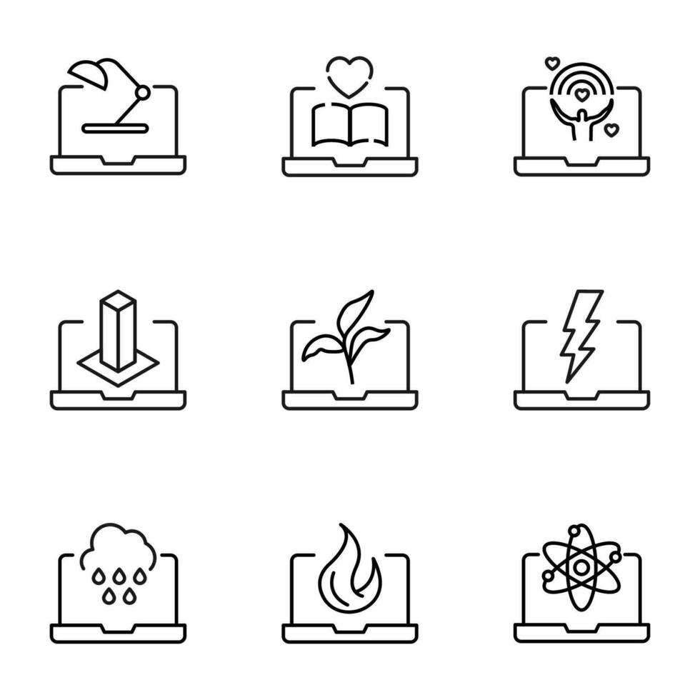 vektor linje ikon uppsättning för webb webbplatser, butiker, banderoller, infografik. tecken av lampa, hjärta, HBTQ, byggnad, växt, blixt, regn, brand, isolerat atom på bärbar dator