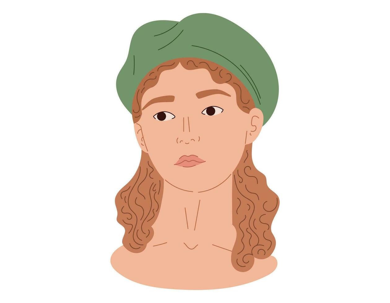 Kopf von ein jung Karikatur Frau tragen ein Hut. Vektor isoliert eben Porträt von ein modisch Mädchen im ein Baskenmütze.