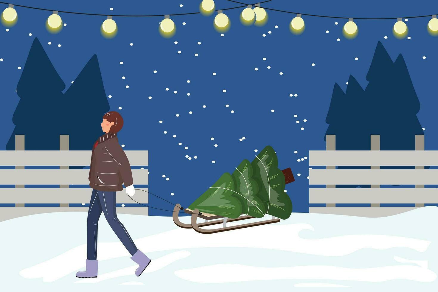 ung kvinna dragande en släde med en jul träd utanför på natt vektor