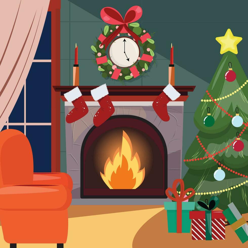 gemütlich Weihnachten Illustration von ein Kamin, dekoriert Weihnachten Baum, Geschenk Kisten und ein Sessel beim Nacht vektor