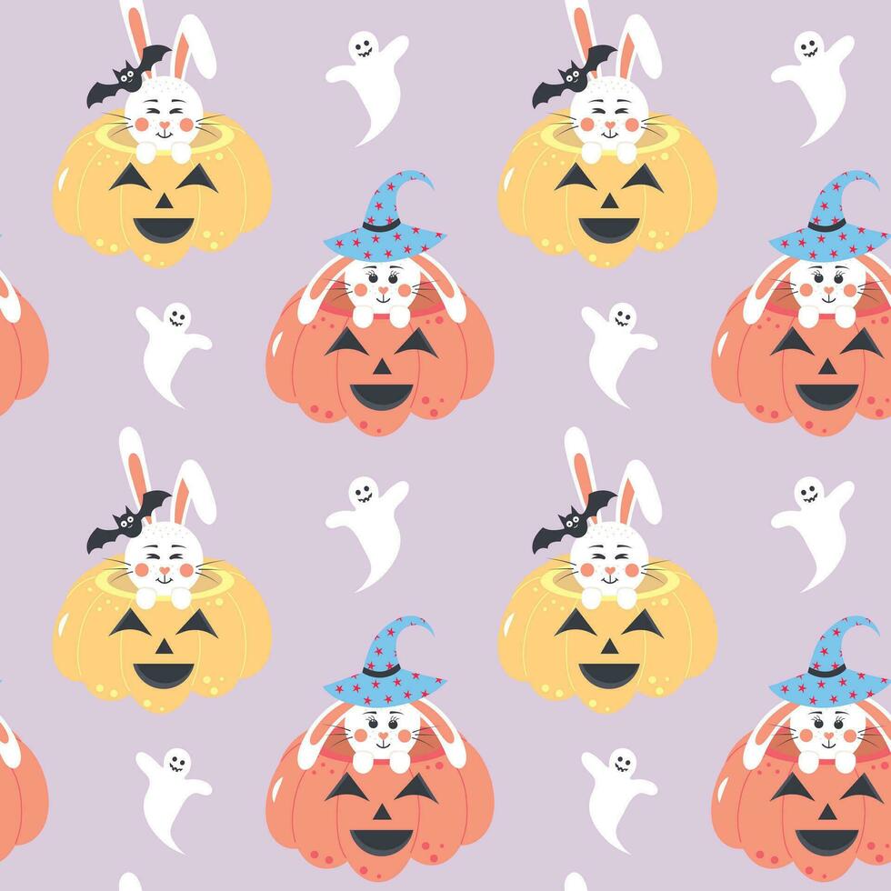 söt kaniner Sammanträde i pumpor och spöken sömlös mönster. pastell halloween skriva ut på tyg och papper. vektor
