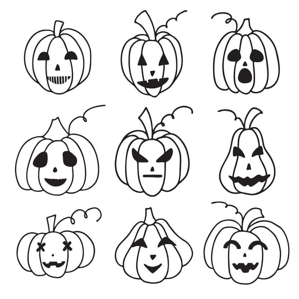 vektor illustration. uppsättning av söt pumpor av annorlunda former med ansikten isolerat på vit. hand dragen enkel klotter ClipArt i en trendig stil. halloween tema. för meny, logotyp, baner, kort, mönster