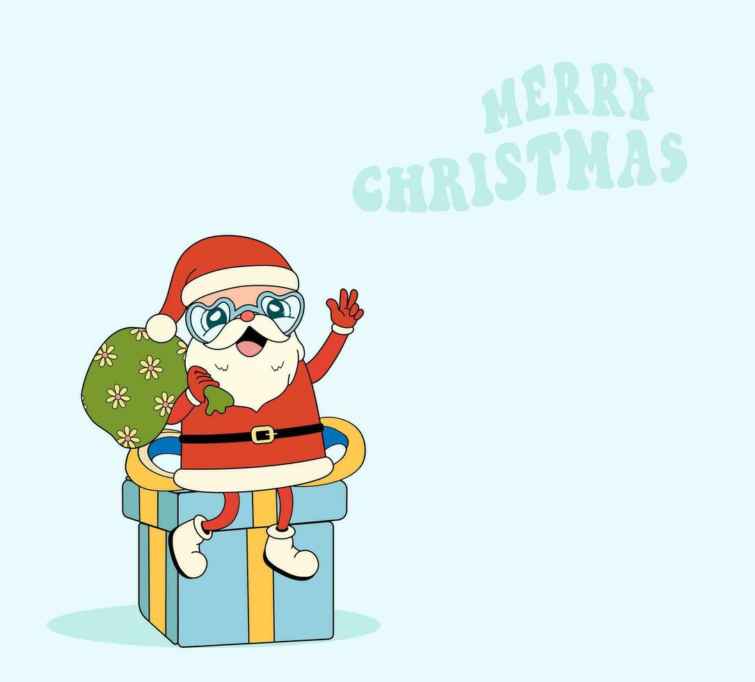 groovig Santa claus auf das Geschenk Kasten. fröhlich Weihnachten retro Beschriftung, modisch drucken Design. Jahrgang Weihnachten Gruß Karte. Vektor Illustration