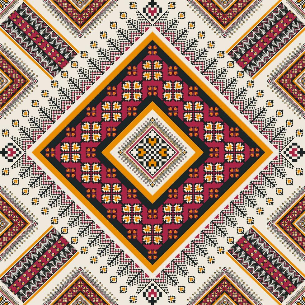 bunt Stickerei ethnisch geometrisch Muster. geometrisch Platz Blumen- gestalten nahtlos Muster Pixel Kunst Stil. ethnisch geometrisch Muster verwenden zum Stoff, Textil, Zuhause Dekoration Elemente, usw. vektor