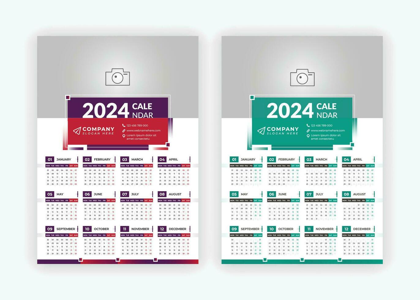 vägg kalender 2024 modern enkel ett sida design företags- företag årlig planerare mall set-vecka börjar på måndag. vektor