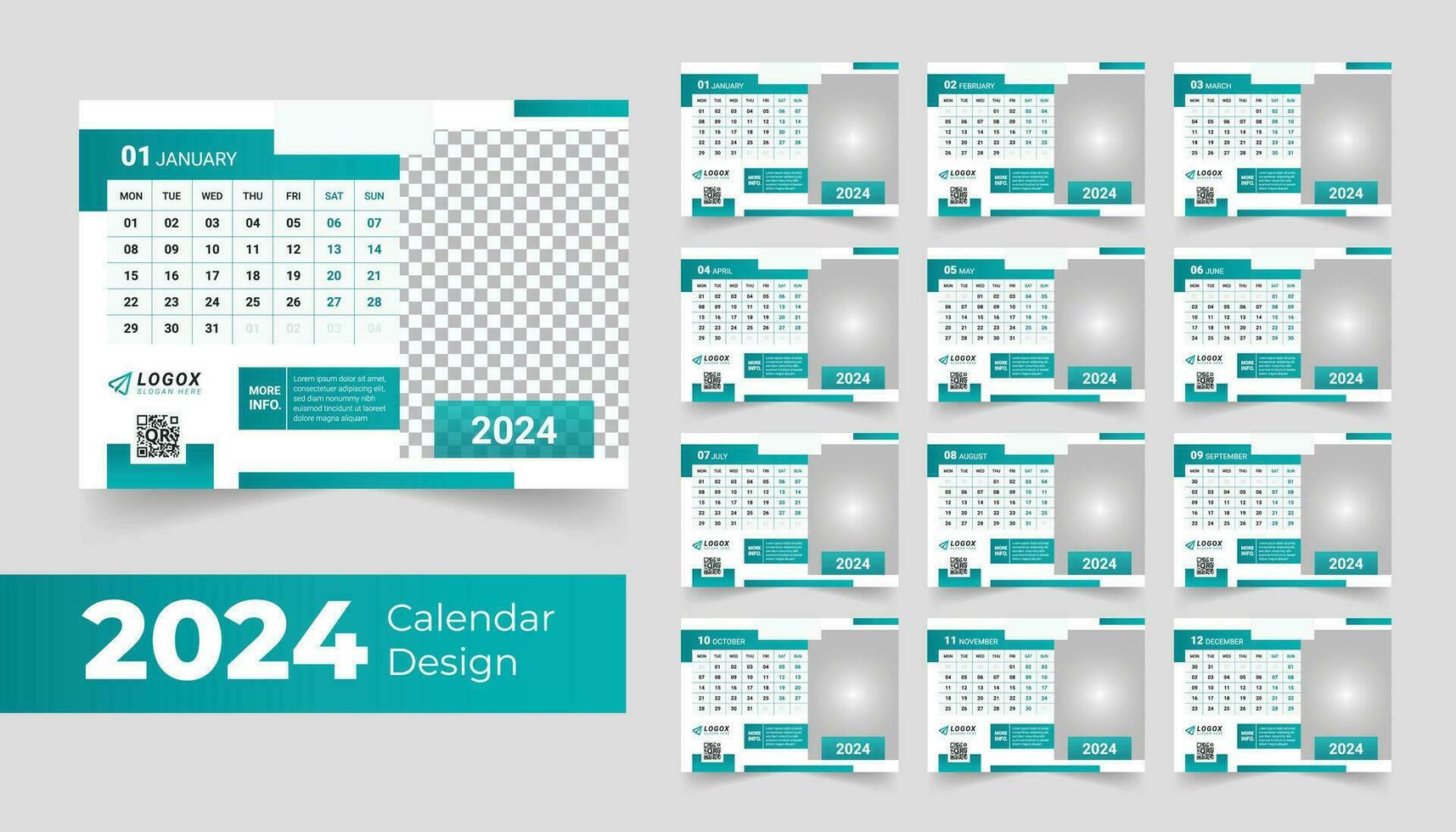 2024 kontor skrivbord kalender modern enkel design företags- företag årlig planerare mall uppsättning. vektor