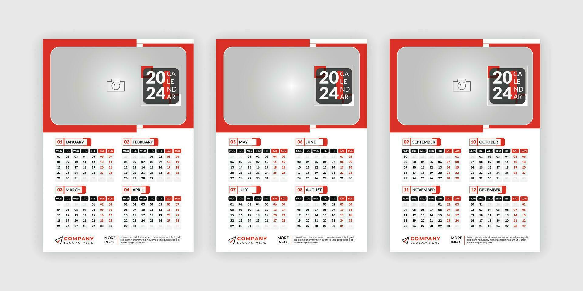 3-seitig Mauer Kalender 2024 modern einfach Design rot Farbe Vorlage Satz. vektor