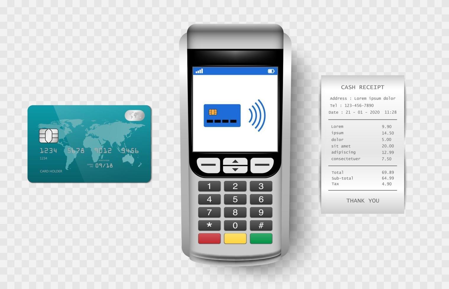 betalningsmaskin, postterminal med kassakvitto och kreditkort isolerad på transparent bakgrund, vektorillustration vektor