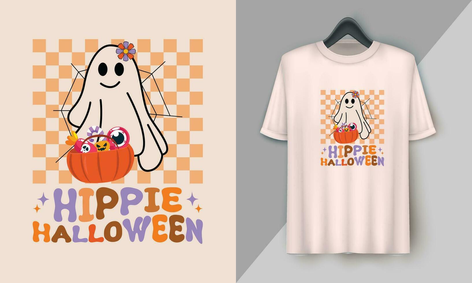 hippie halloween - retro halloween söt t-shirt design med häftig stil, bua, spöke, pumpa, häxa, etc vektor