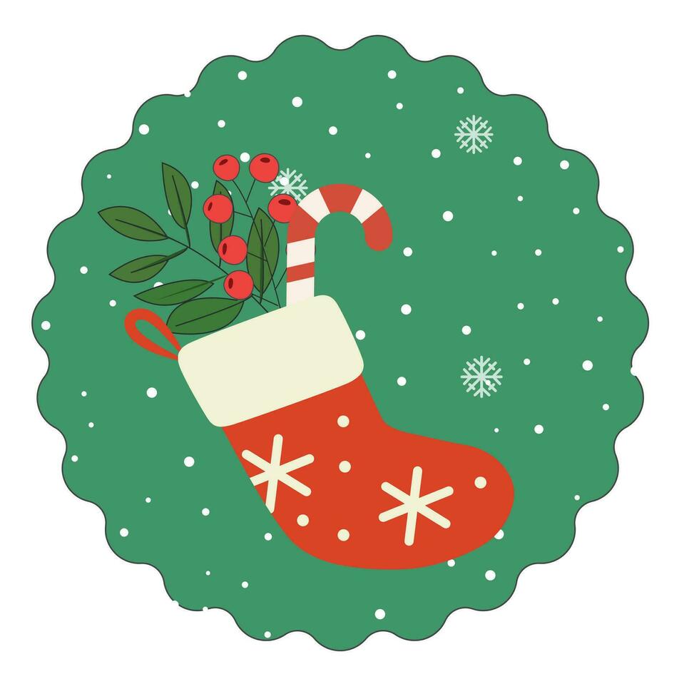 skön jul strumpa dekorerad med grön järnek löv och godis sockerrör. jul strumpor och krans från de jul träd. vektor illustration