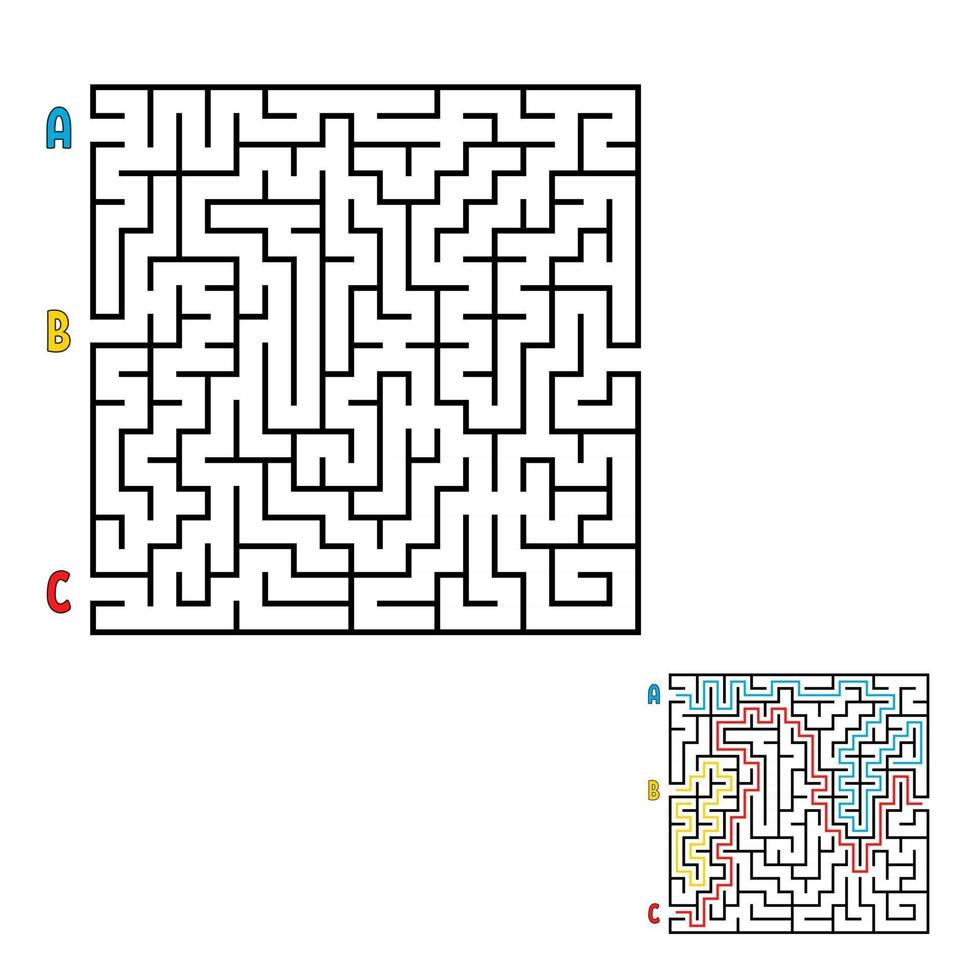abstrakt fyrkantig labyrint. spel för barn. pussel för barn. hitta rätt väg till avfarten. labyrintkonst. platt vektorillustration isolerad på vit bakgrund. med svaret. vektor