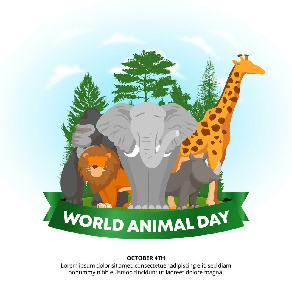fyrkant värld djur- dag bakgrund med djur och träd vektor