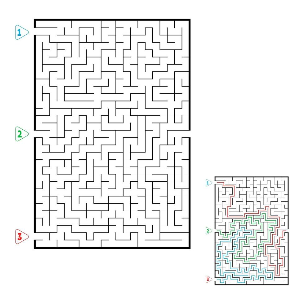 abstraktes rechteckiges großes Labyrinth. Spiel für Kinder. Puzzle für Kinder. drei Eingänge, ein Ausgang. Labyrinth Rätsel. flache Vektorillustration lokalisiert auf weißem Hintergrund. mit Antwort. vektor