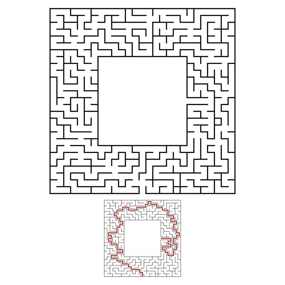 schwarzes quadratisches Labyrinth mit Ein- und Ausgang. ein interessantes und nützliches Spiel für Kinder. einfache flache Vektorillustration lokalisiert auf weißem Hintergrund. mit Platz für Ihre Zeichnungen. mit der Antwort. vektor