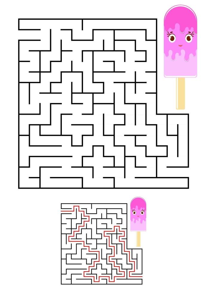 abstraktes quadratisches Labyrinth. Arbeitsblätter für Kinder. Spielpuzzle für Kinder. süßes Eis auf weißem Hintergrund. ein Eingang, ein Ausgang. Labyrinth Rätsel. Vektor-Illustration. mit der Antwort. vektor