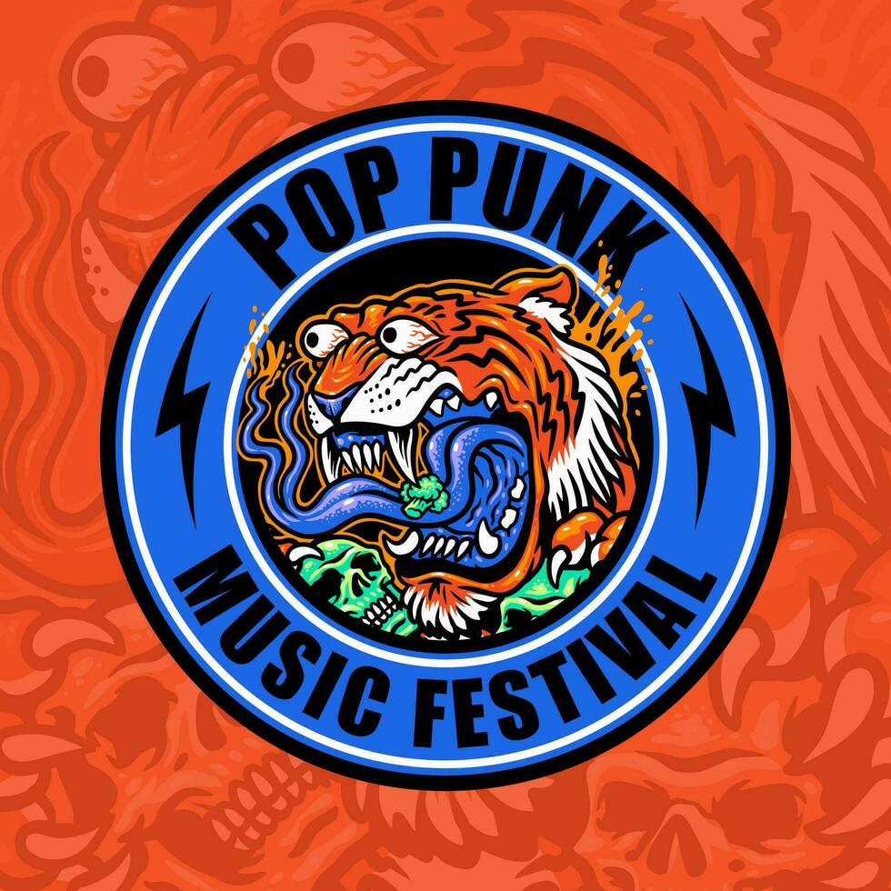 Tiger Maskottchen Pop Punk Musik- Festival runden Abzeichen Logo Design vektor