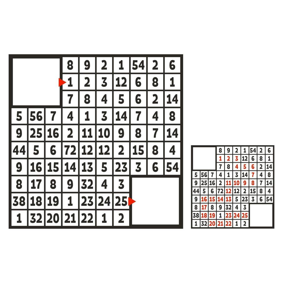 mathematisches quadratisches Labyrinth. Spiel für Kinder. Puzzle für Kinder. das Studium der Zahlen. Labyrinth Rätsel. flache Vektorillustration lokalisiert auf weißem Hintergrund. mit Antwort. mit Platz für Ihr Bild. vektor