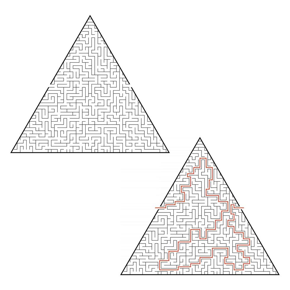 svår triangulär labyrint. spel för barn och vuxna. pussel för barn. en ingång, en utgång. labyrintkonst. platt vektorillustration isolerad på vit bakgrund. med svar. vektor