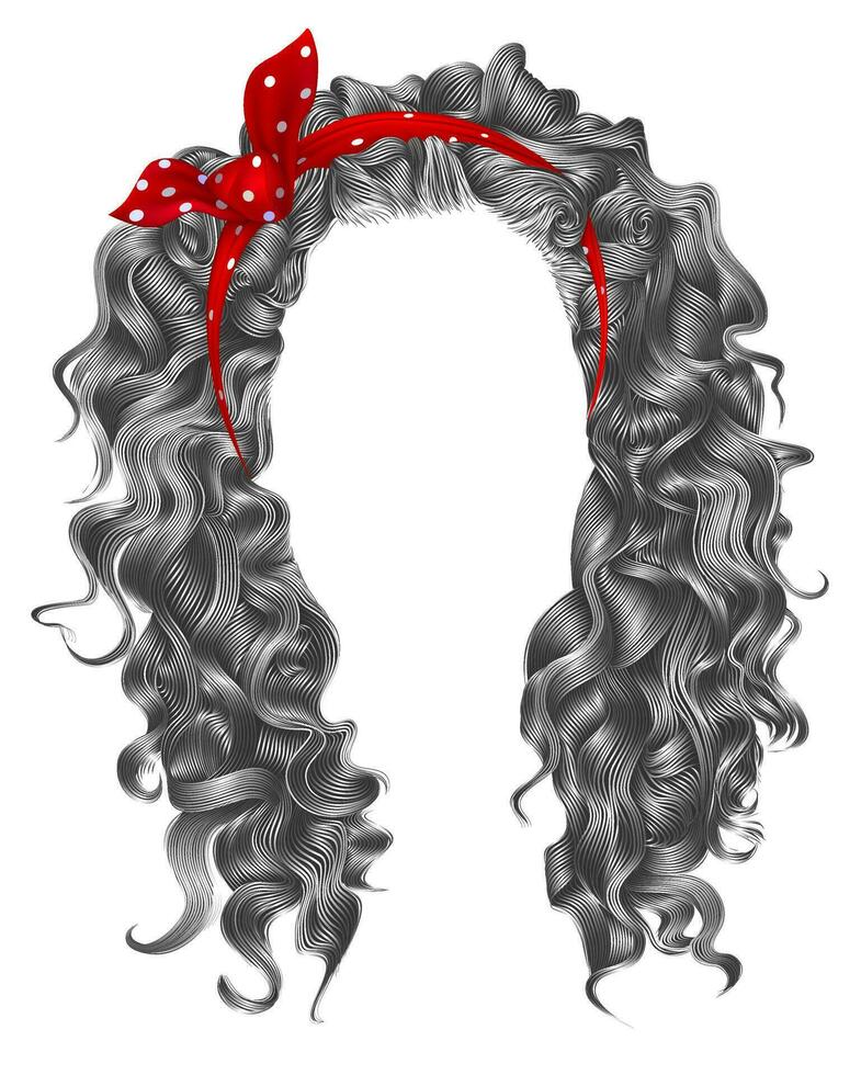 lång lockigt hårstrån grå färger.skönhet mode stil.peruk .röd rosett vektor