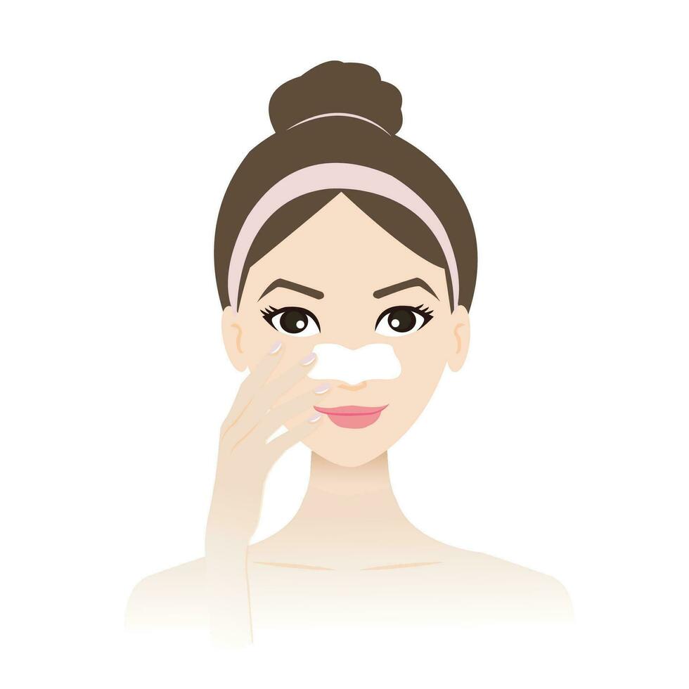 süß Frau anwenden Pore Streifen auf ihr Nase Vektor Illustration isoliert auf Weiß Hintergrund. Nase Patch entfernen Mitesser, tief Reinigung und Verstopfen Poren auf Nase. Haut Pflege und Schönheit Konzept.