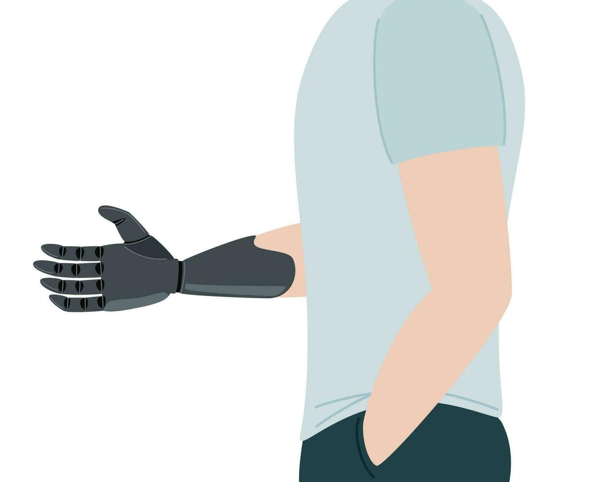 Mann mit Prothese Arm. bionisch Glied, Amputierte männlich Person. Konzept von Menschen mit Behinderung. Vektor Illustration auf Weiß Hintergrund.