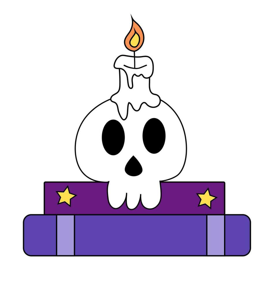 skalle ljus på de böcker. mänsklig skalle ljusstake. magi och esoterisk bok. halloween symbol. vektor platt illustration.