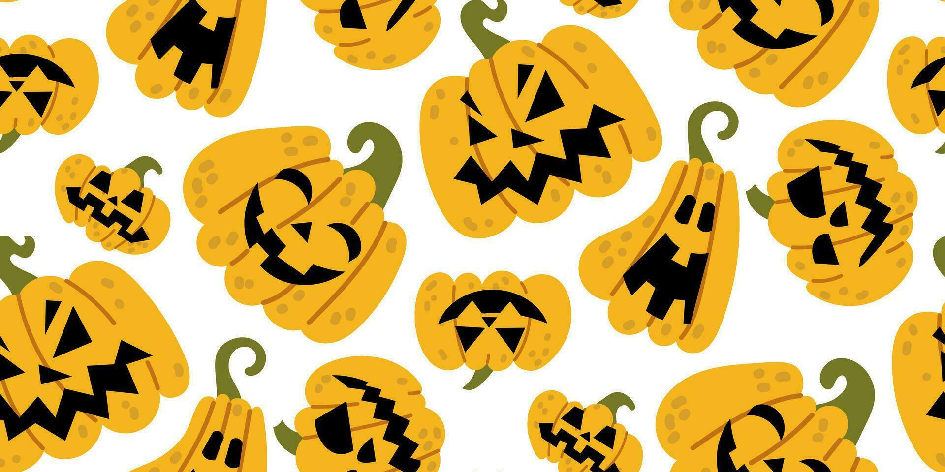 bakgrund med en bild av skrämmande pumpor för halloween. vektor tecknad serie sömlös pumpa lykta med svart skalle monster ögon och ondska ansikte träsnideri, fest lura eller behandla design. fest textur