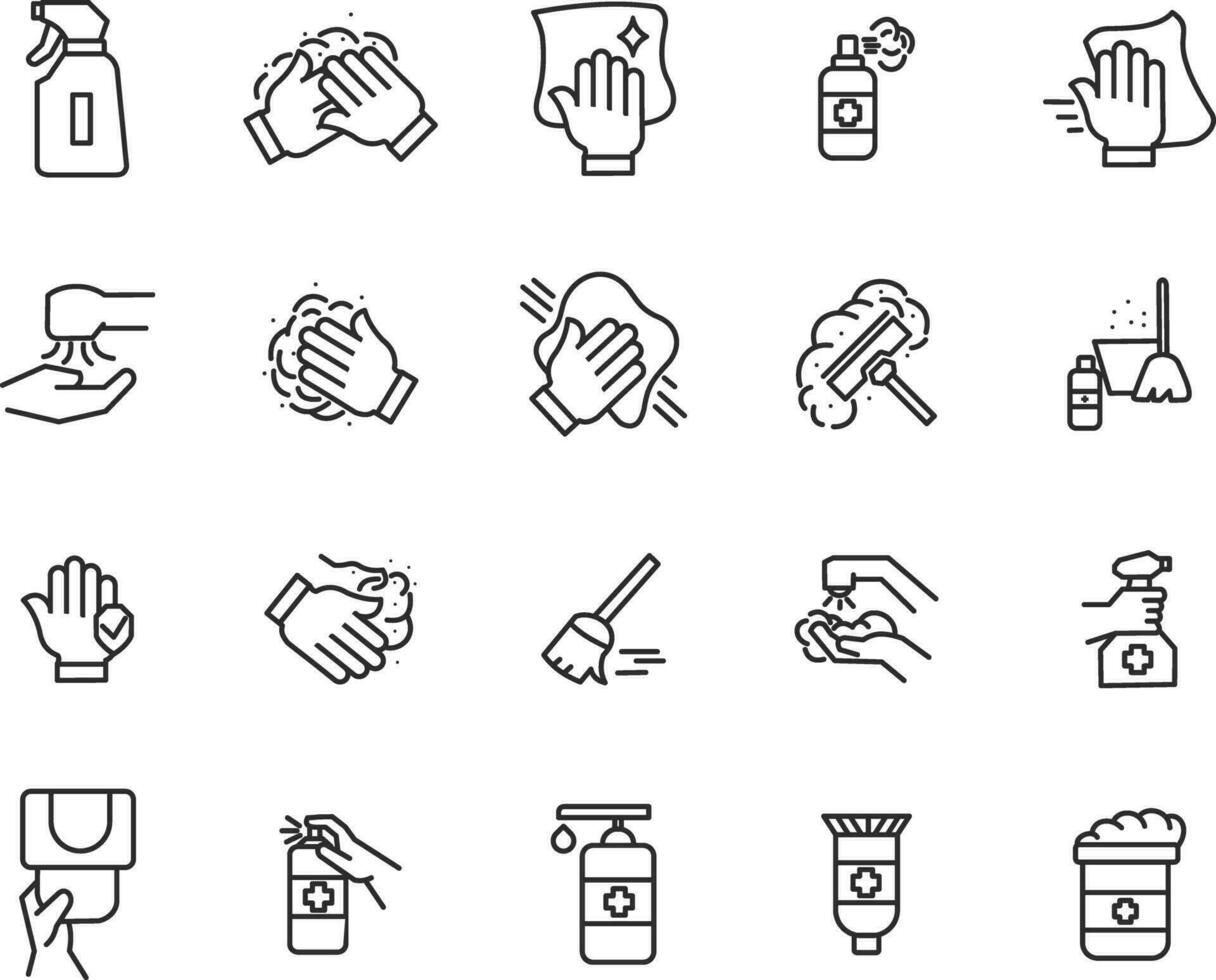 Reinigung Symbol Satz. Sammlung von linear einfach Netz Symbole eine solche wie Hygiene, Desinfektion, Reinigung, Waschen und andere. editierbar Vektor Schlaganfall.