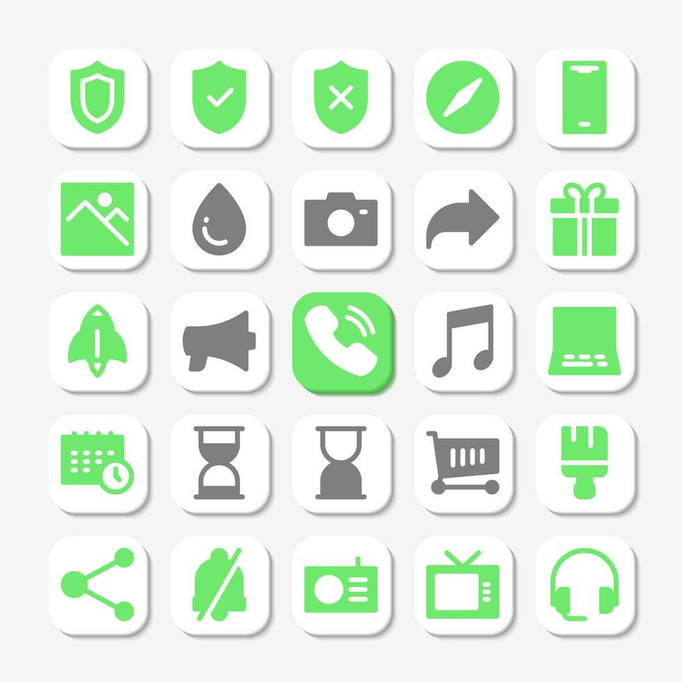 väsentliga ikoner i glyf stil för användare gränssnitt, mobil och hemsida design. Inklusive ringa upp, marknadsföring, skydda, säkerhet, tid, musik, kund service, och andra. vektor