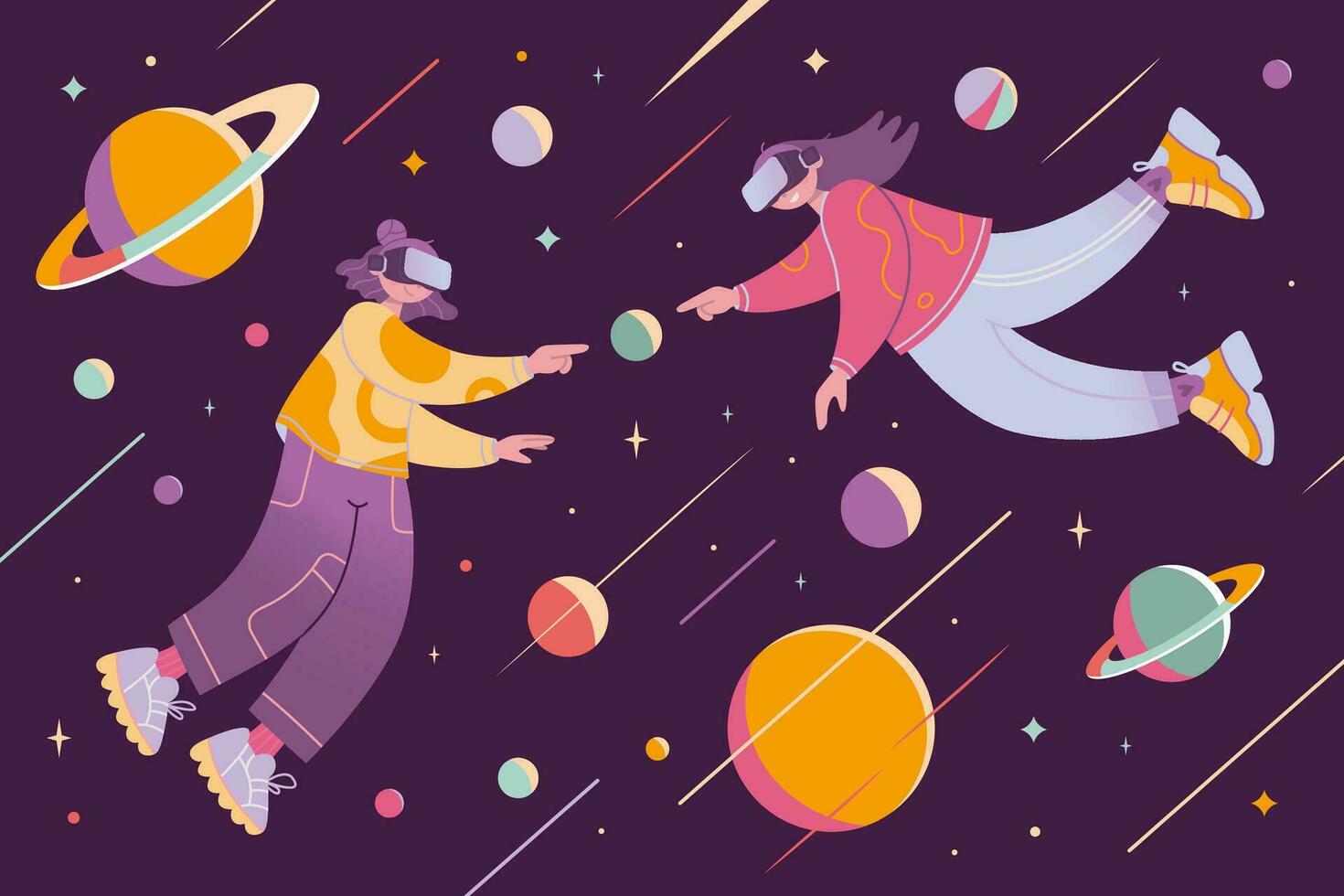 Metaverse oder virtuell Wirklichkeit Kommunikation Konzept, Karikatur Stil. zwei Mädchen im vr Brille treffen, fliegend im äußere Raum mit Planeten und Sterne. modisch Vektor Illustration, Hand gezeichnet, eben