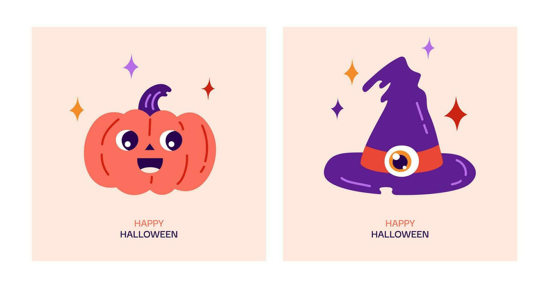 Lycklig halloween hälsning kort. tecknad serie vektor illustration med söt magi pumpa, häxor hatt och stjärnor.