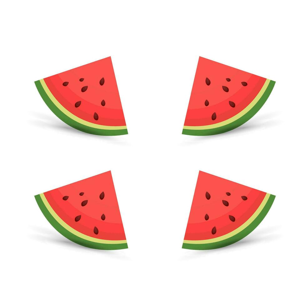 fyra bitar skära skivad vattenmelon, ClipArt, vektor, tecknad serie färsk grön vattenmelon bitar, 4 bitar röd vattenmelon på isolerat bakgrund. vektor, illustration vektor