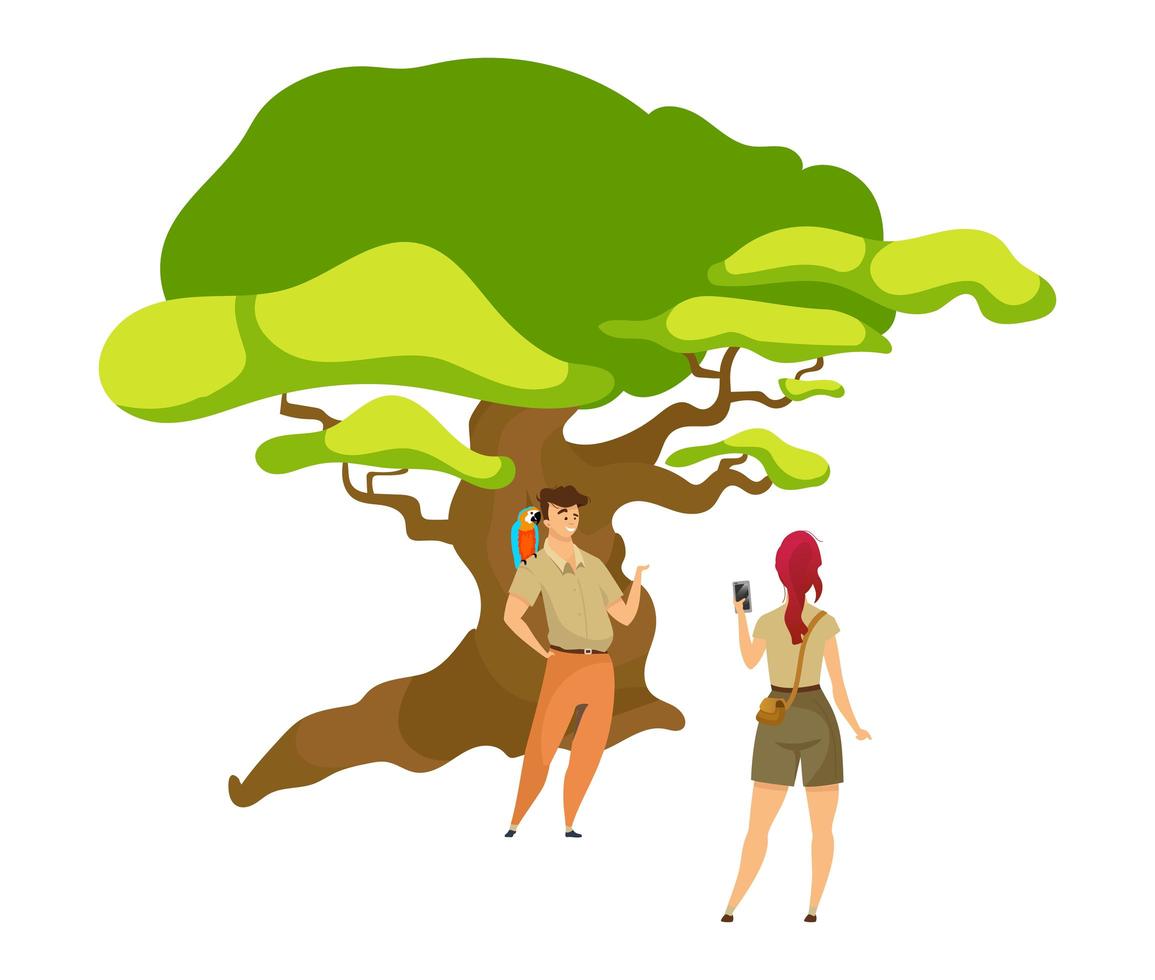 Touristische flache Farbvektorillustration. Frau, die Mann nahe Baum fotografiert. Wanderer im Wald. paar Entdecker. Abenteurer mit Grün. Rucksacktouristen isoliert Cartoon-Figur auf weißem Hintergrund vektor