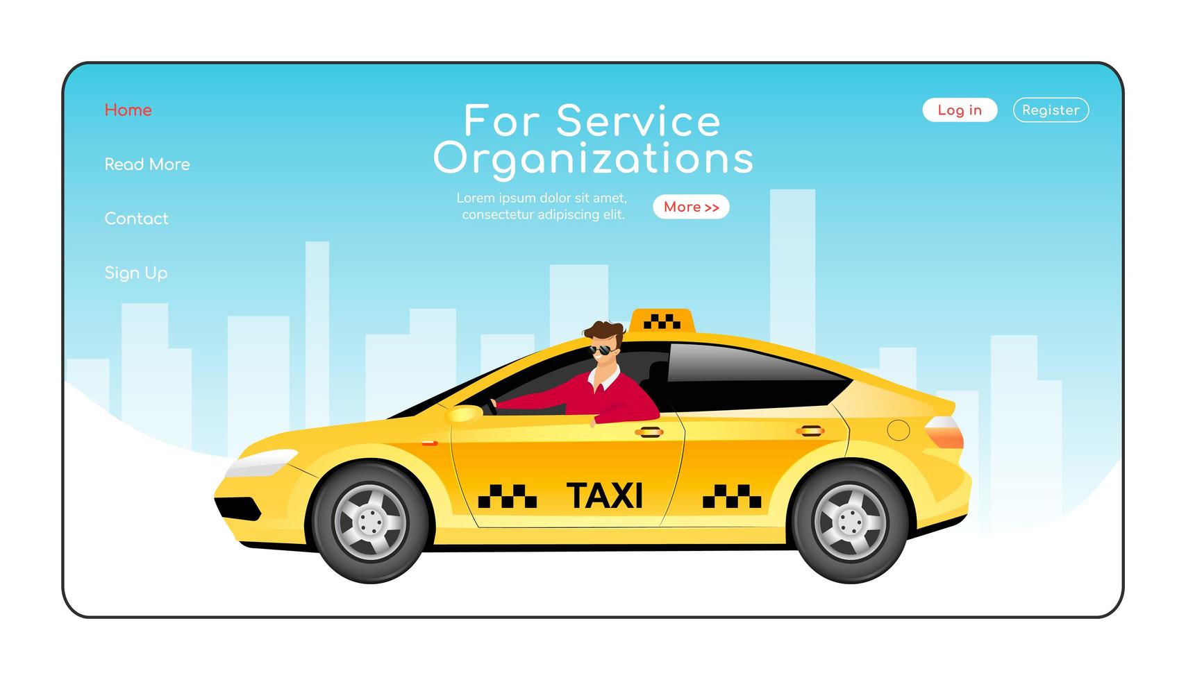 för serviceorganisationens målsida platt färgvektormall. express taxi leverans hemsida layout. cab beställa en sida webbplats gränssnitt med seriefigur. stadsresor webb banner, webbsida vektor