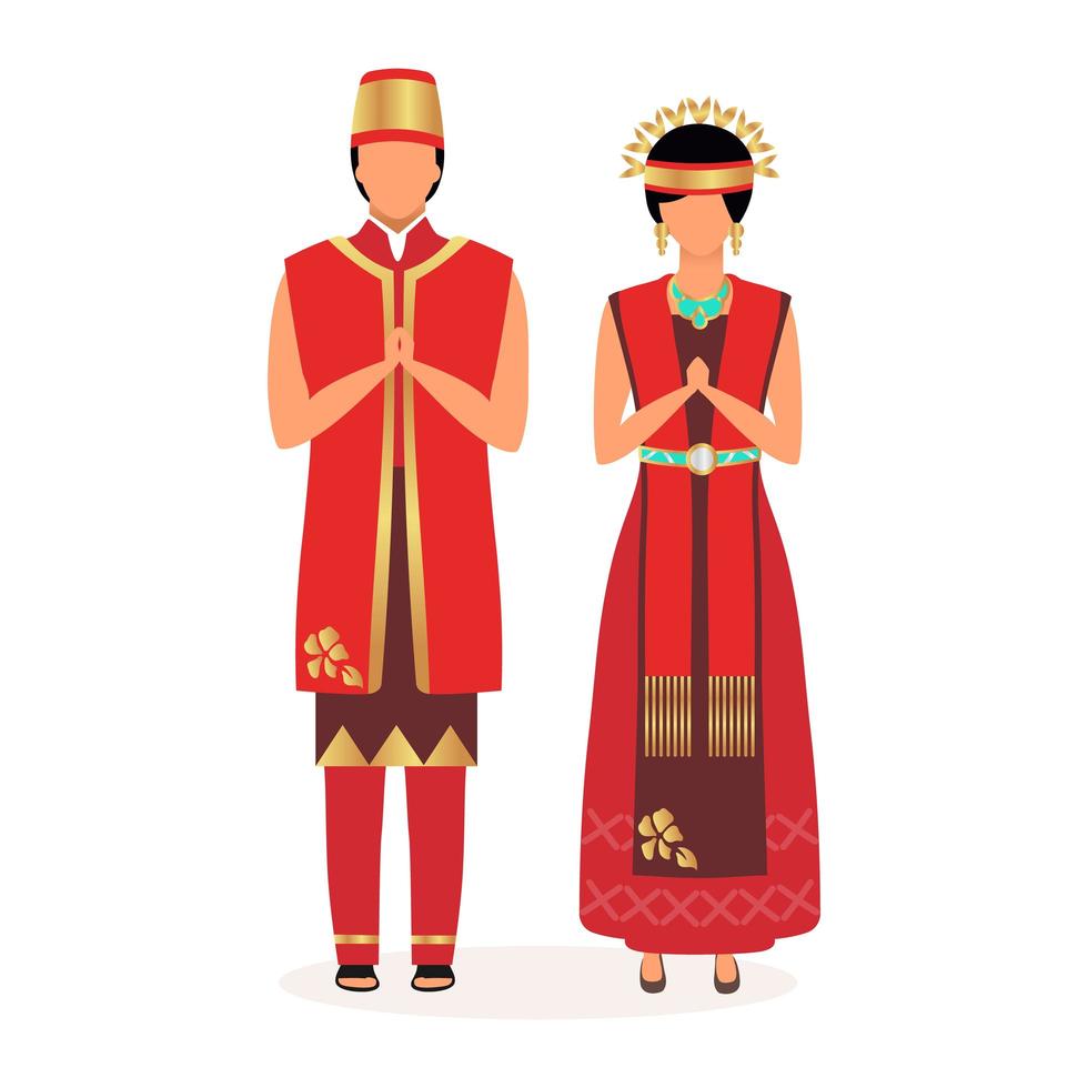 indonesier platt vektorillustration. vuxna par. hälsningar. ursprungsbefolkning. asiatisk kultur. människor klädda i nationella festliga röda kläder isolerade seriefiguren på vit bakgrund vektor
