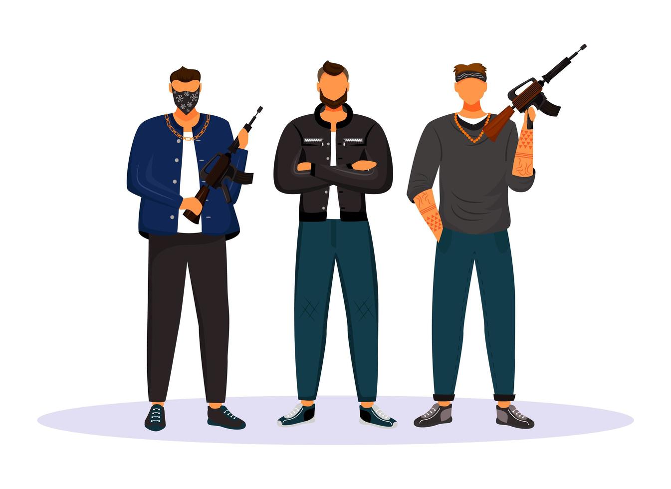 kriminelle Bande flacher Farbvektor gesichtsloser Charakter. Gruppe von Gangstern, bewaffneten Terroristen. Mob, Syndikat. Mafia. isolierte Cartoonillustration des organisierten Verbrechens für Webgrafikdesign und Animation vektor