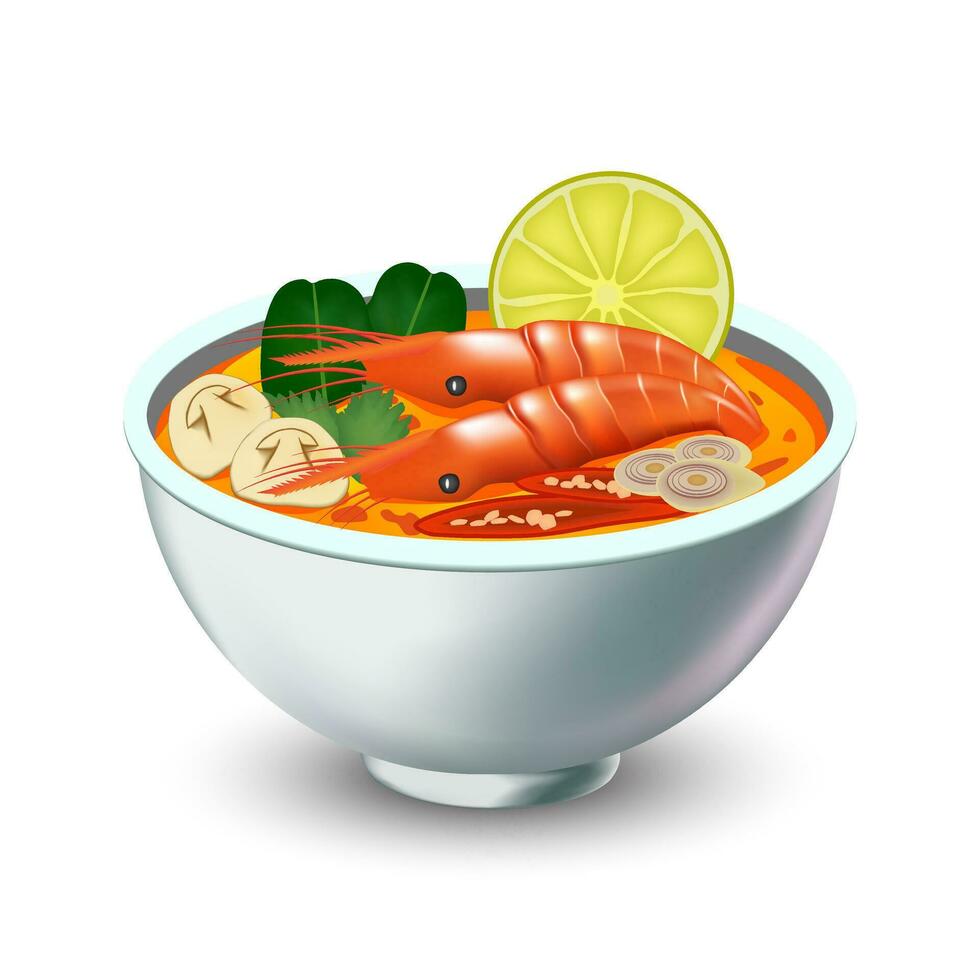 tom yum kung curry i vit skål på en vit bakgrund. vektor illustration eps 10.