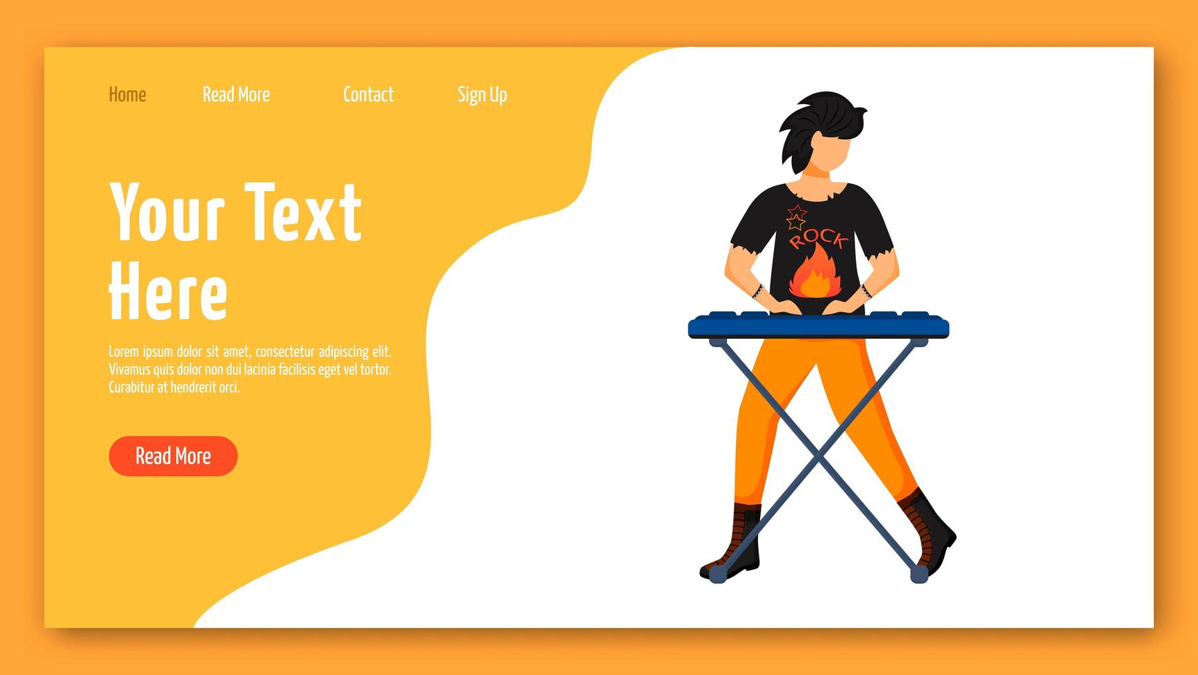 Keyboarder Landing Page Vektorvorlage. Tastatur-Player-Website-Interface-Idee mit flachen Illustrationen. Layout der Musiker-Homepage. Musikbandmitglied Webbanner, Webseiten-Cartoon-Konzept vektor