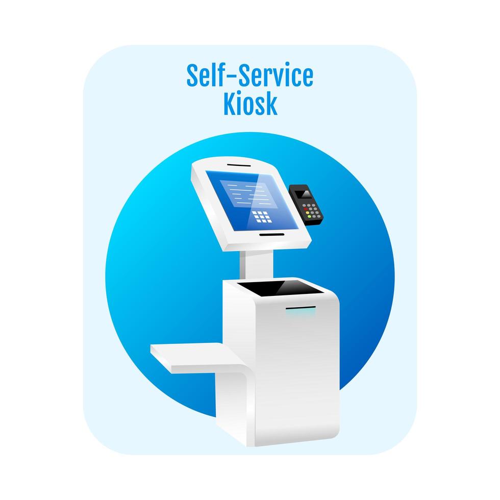 självbetjäning kiosk platt koncept ikon. klistermärke för betalningsterminal, clipart. digital programvara med sensorgränssnitt. fristående bankkonstruktion isolerad tecknad illustration på vit bakgrund vektor