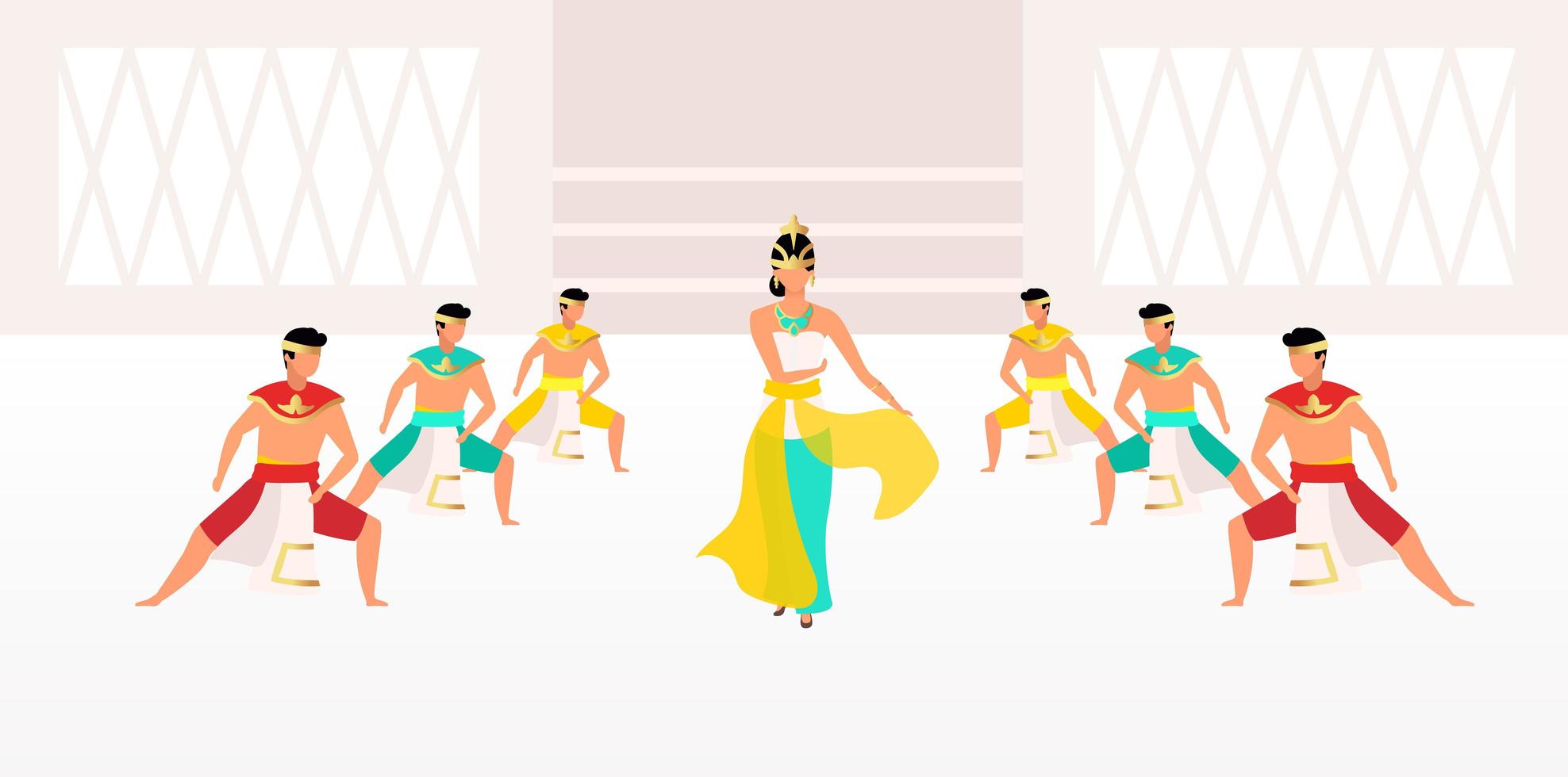 indonesiska dansar platt vektorillustration. traditionell fest. asiatisk fest. män och kvinna klädd i traditionella klädtecknade karaktärer vektor