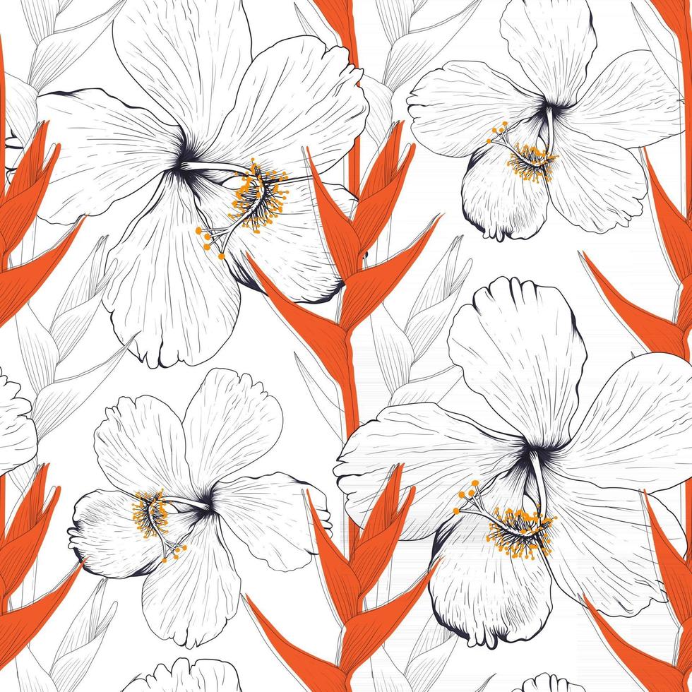 sömlösa mönster hibiskus och heliconia blomma abstrakt bakgrund. vektor illustration konturteckningar för tyg textildesign