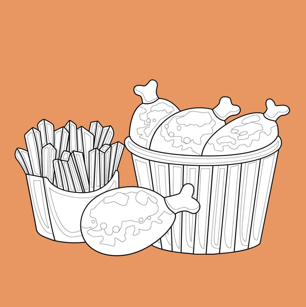 süß gebraten Hähnchen Eimer und Französisch Fritten Mittagessen Speisekarte Müll Essen Karikatur Digital Briefmarke Gliederung vektor