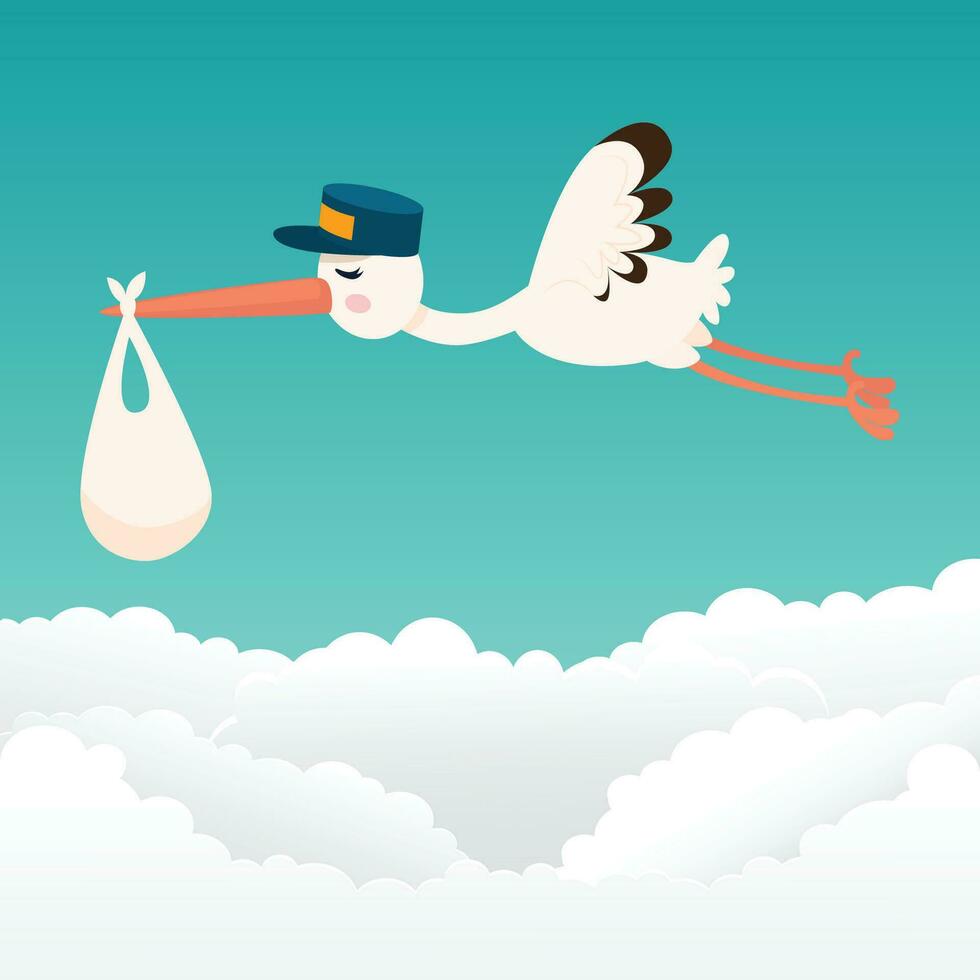 tecknad serie stork leverera en bebis vektor illustration