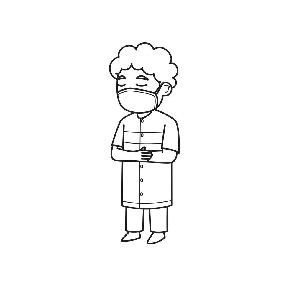 Curly Boy Charakter mit Gesichtsmaske. Vektor-Illustration. Malbuch. vektor