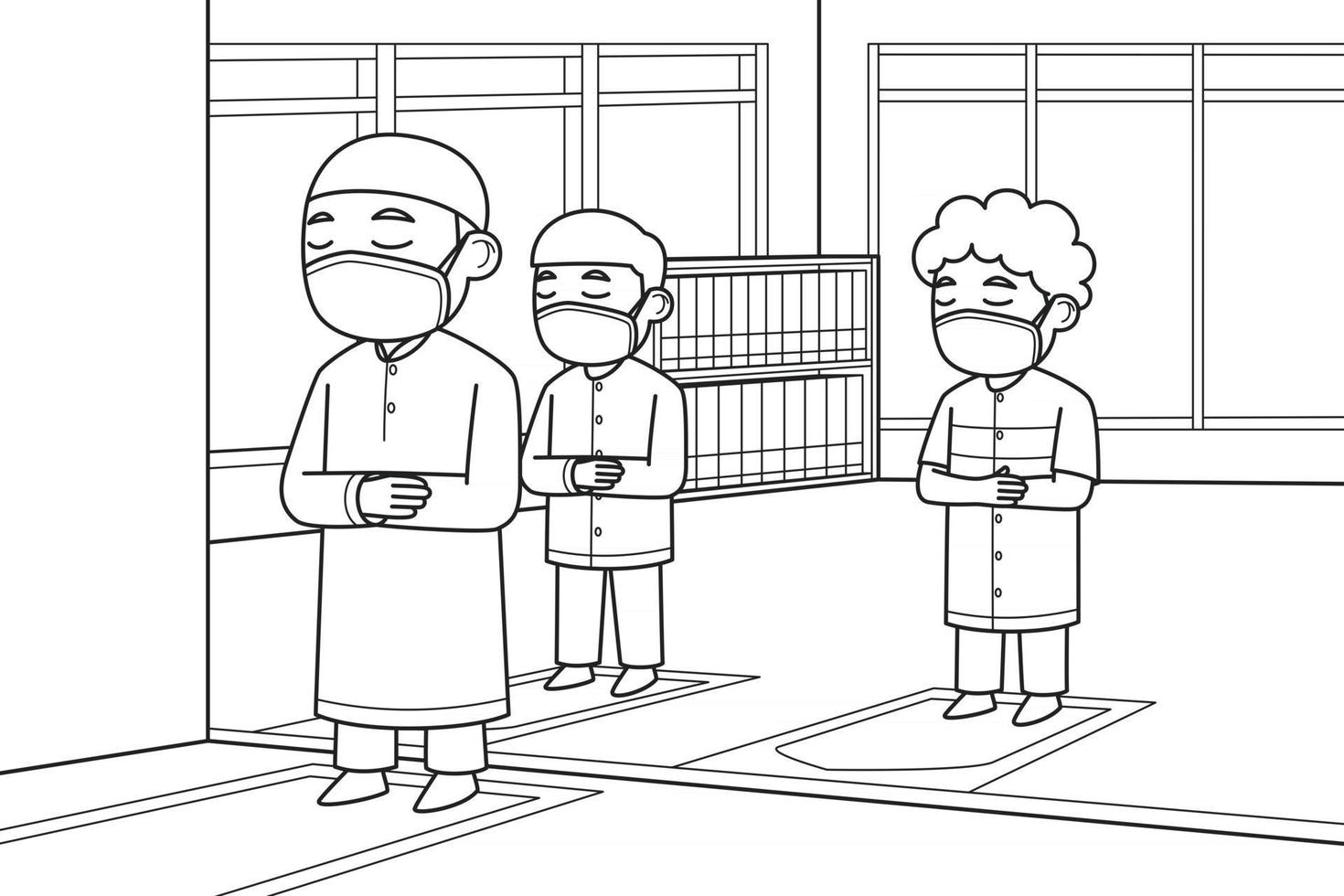 Der Imam und zwei Makmum beten in der Moschee und tragen eine Gesichtsmaske, die soziale Distanzierung implementiert hat. Vektor-Illustration. Malbuch. vektor
